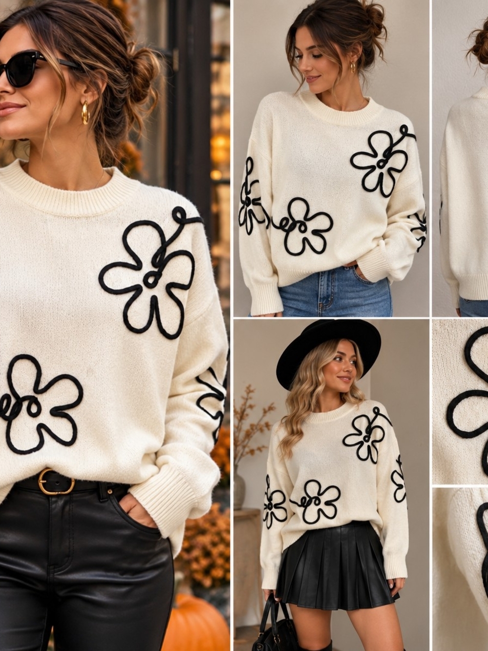 Women's Cream Crewneck Sweater with Black Floral Appliqué
